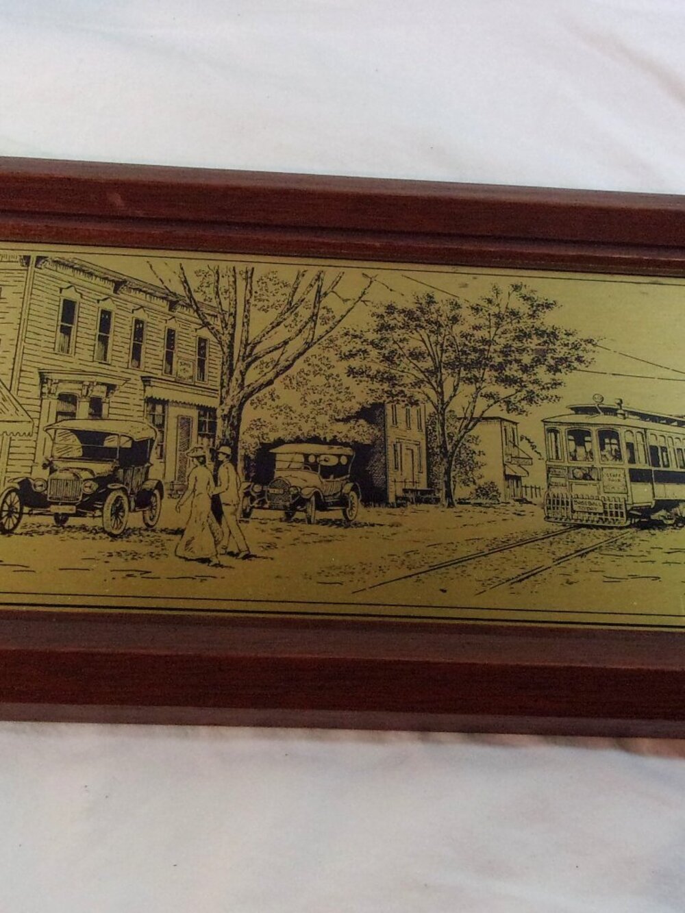 VINTAGE BRASS ETCHING CITY SCENE BY GEORGE FOOTT-APPROX. 13" X 7" WOOD FRAME
